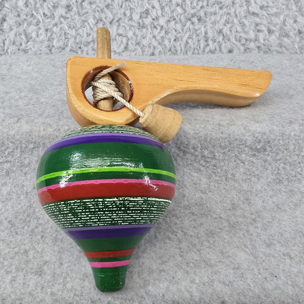 Wooden Spinning Top Toy W Launcher Green Striped Folk Art Trompo Cozumel Mexico